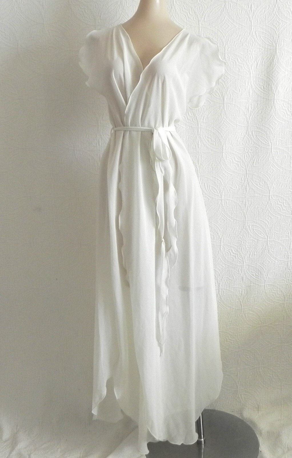 Vtg Georgette Trabolsi Robe Chiffon Maxi Cap Sleeve Belted Ruffle Size S