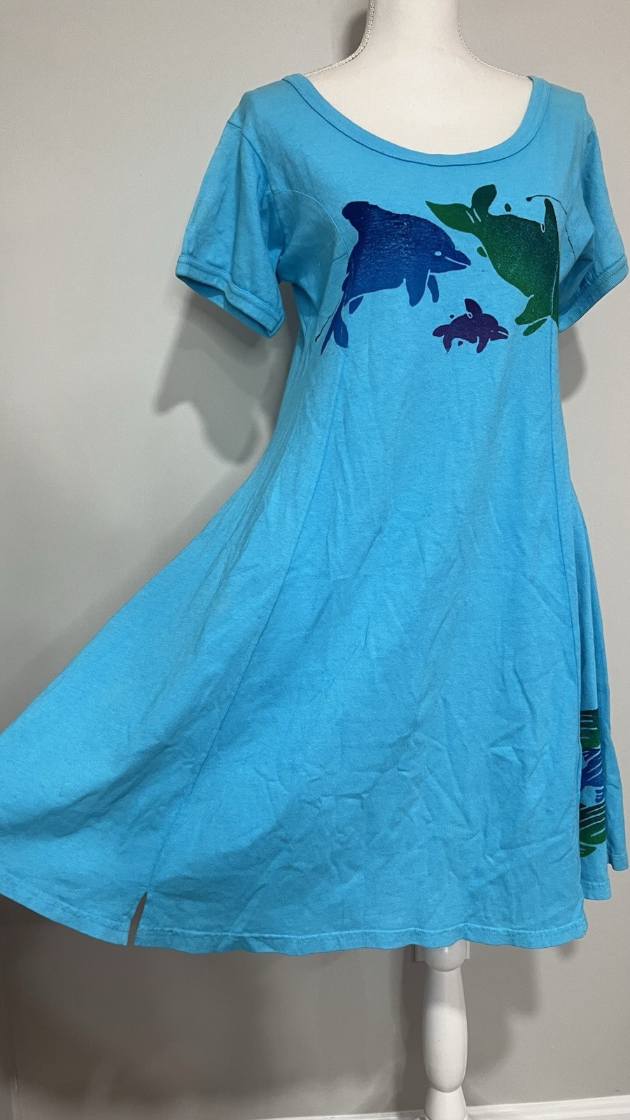 Rare Vintage 1980s Banana Boat Turquoise Dolphin and Fish Block Print Dress