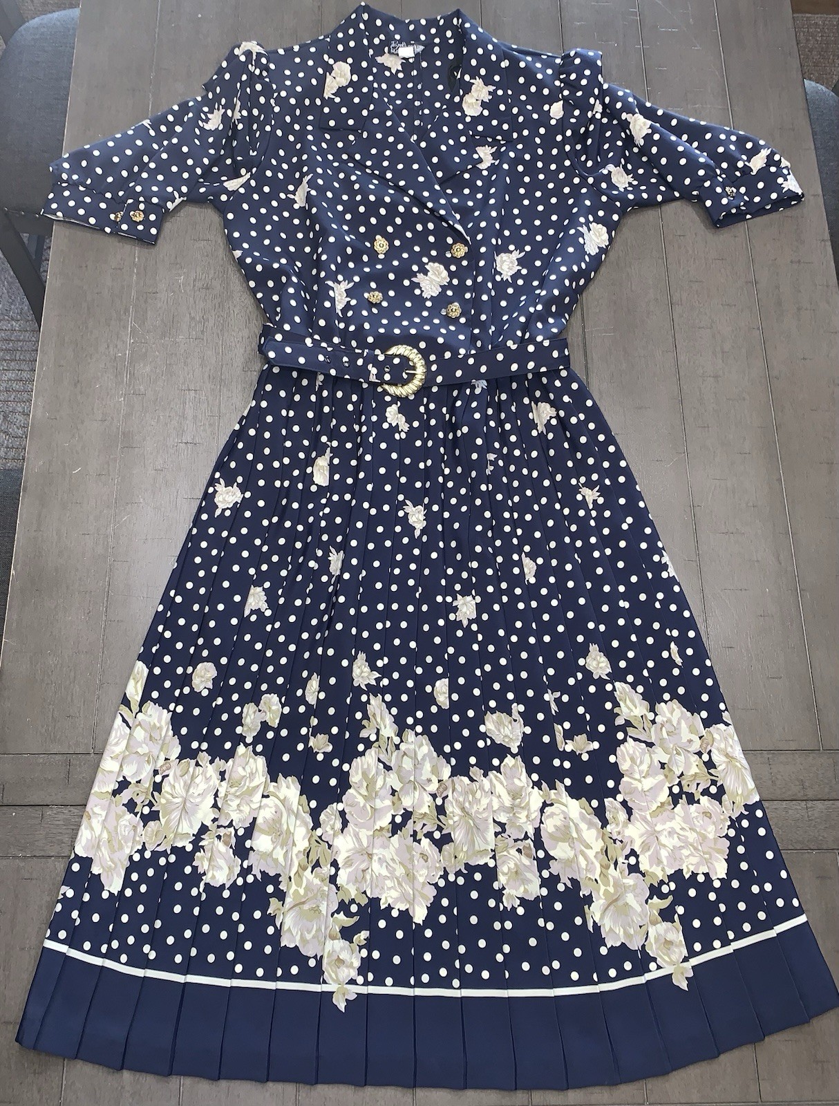 B7 80s SZ 12 BRELI ORIGINALS SILKY BELTED DRESS NAVY FLORAL PAD SHOULDER PLEATED