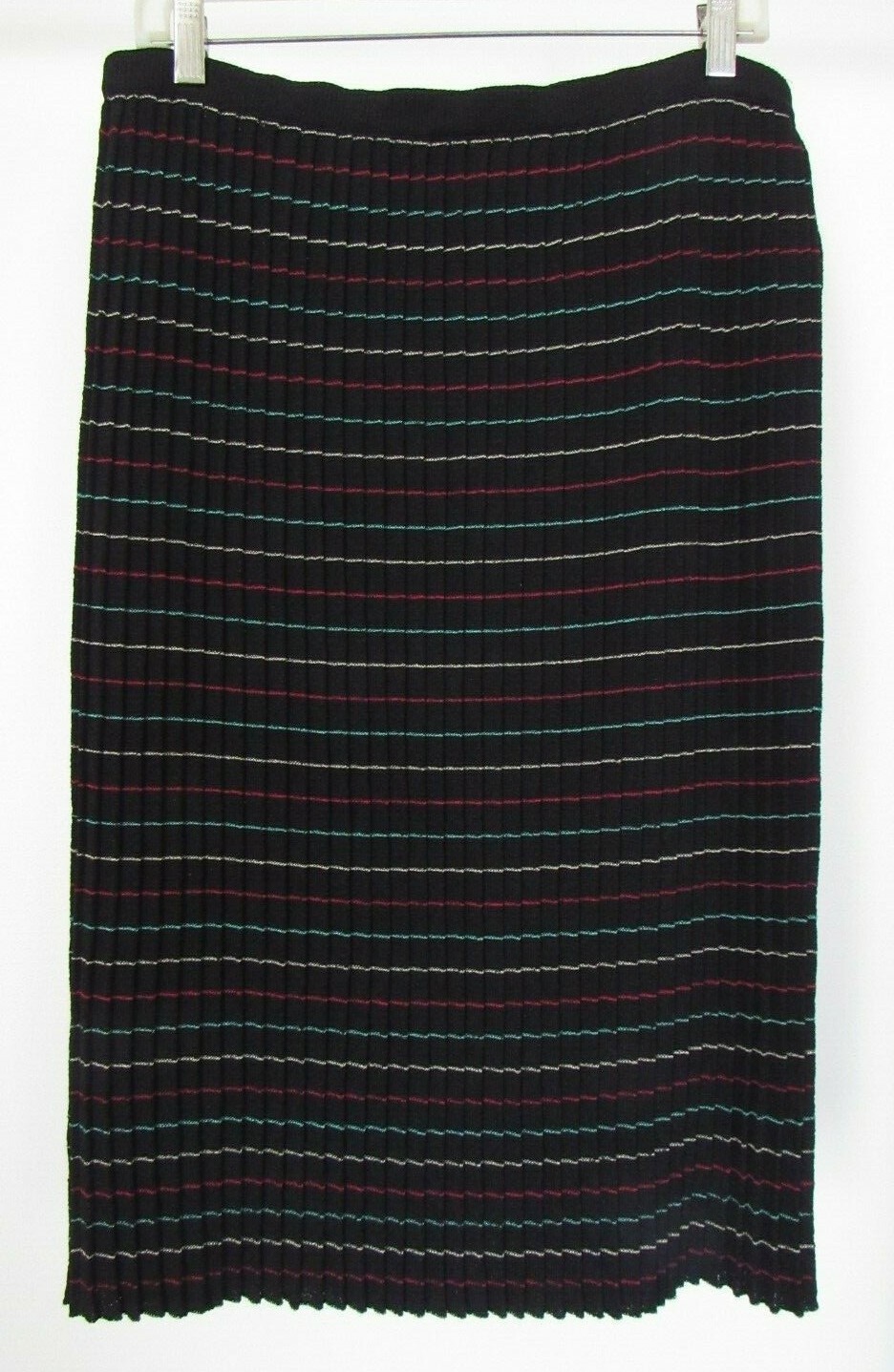 Vintage 1970s Dacron Polyester Knit Pleated Skirt 14 Black w/ Multi-Color Stripe
