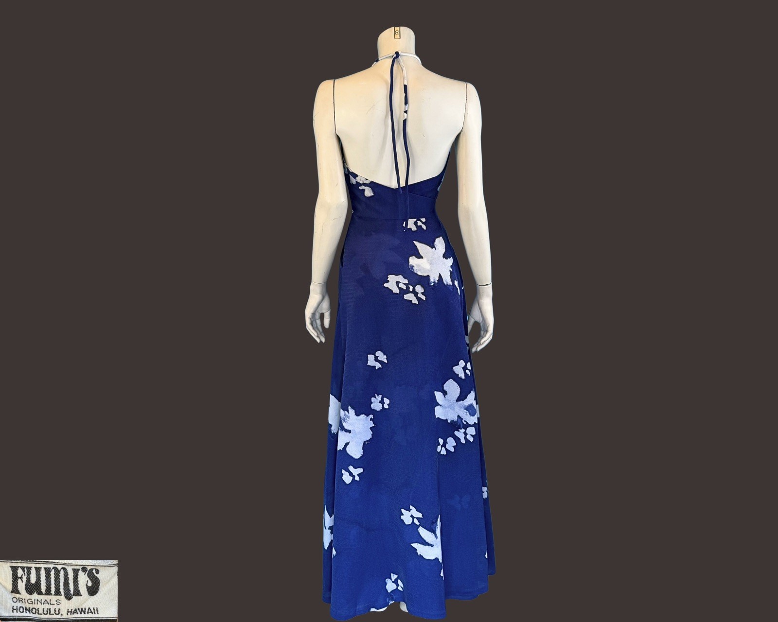 Vintage 1970s FUMI’S Hawaii Blue Floral Halter Maxi Dress | XS S M