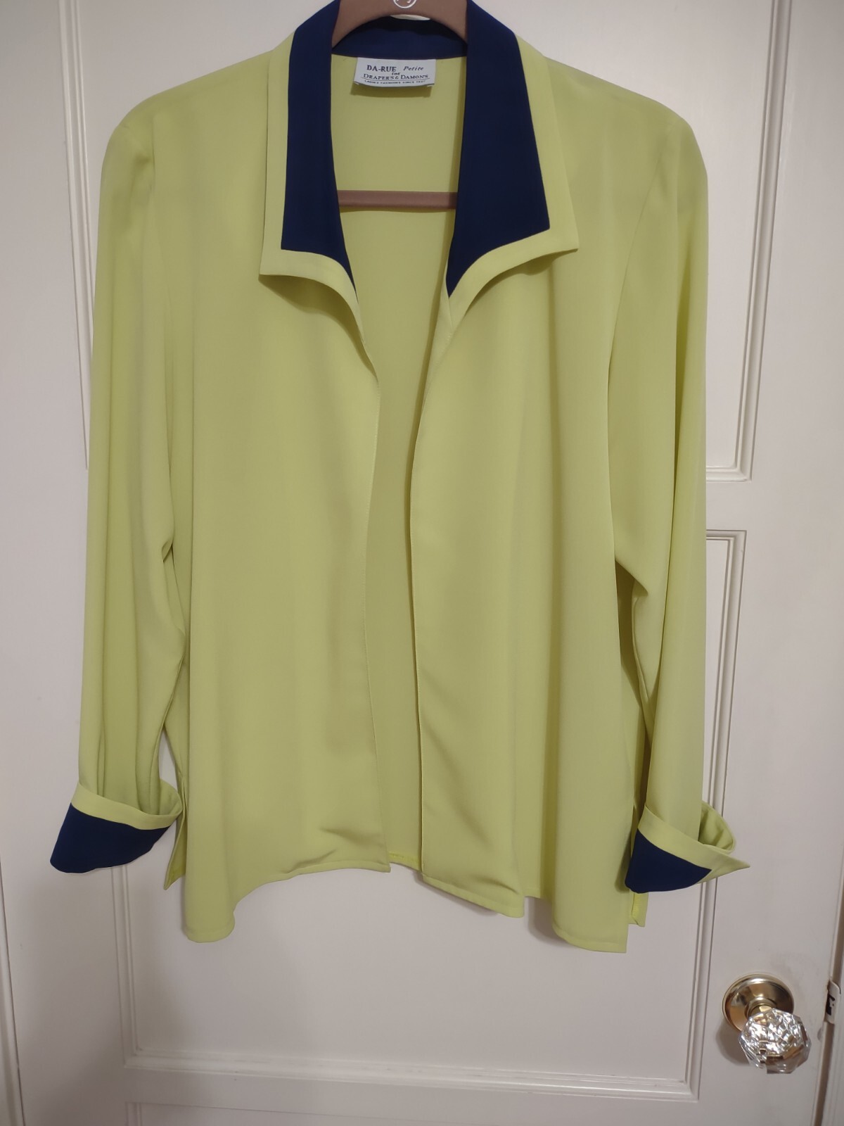 Vintage Da-Ru For Drapers & Damons Open Shirt Jacket Blouse Green Navy Accents