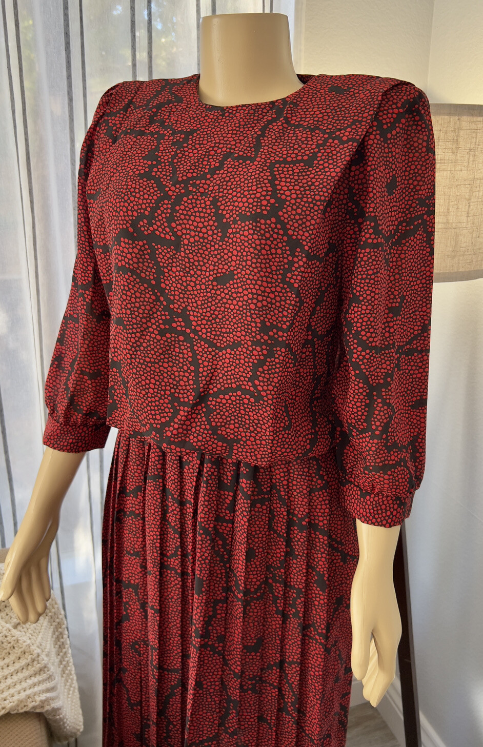 Vintage 80s REO Red Floral Pleated Drop Waist Dress Size 6 Retro ILGWU EUC