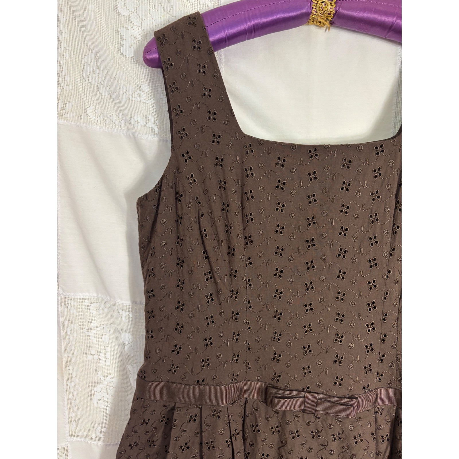 VTG Brown Cottage Twee Bow Front Babydoll Cotton Eyelet Midi Dress Size XL