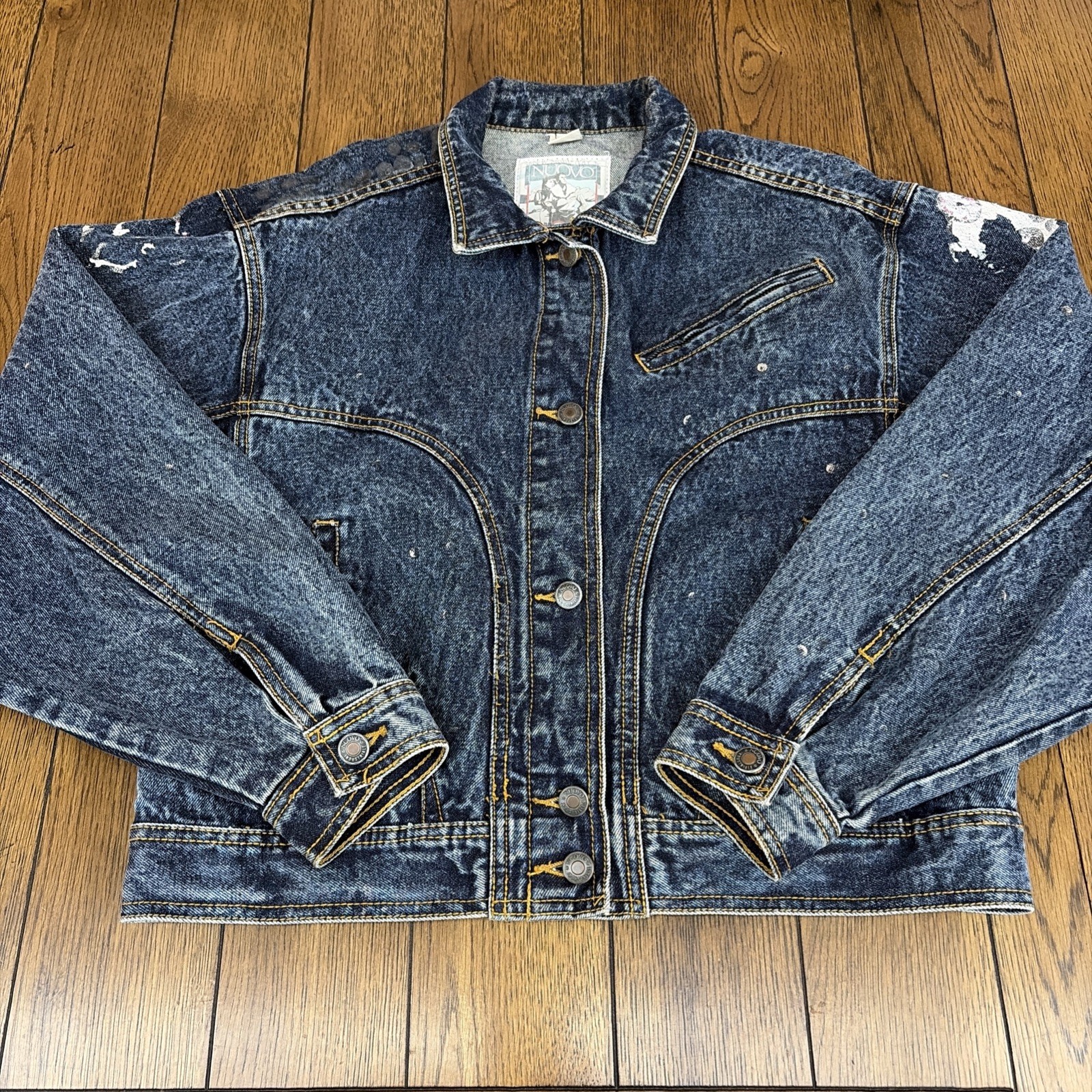 VTG 80s 90s Denim Jacket Nuovo Industriale Sz L WORN THRASHED Glitter Graffiti