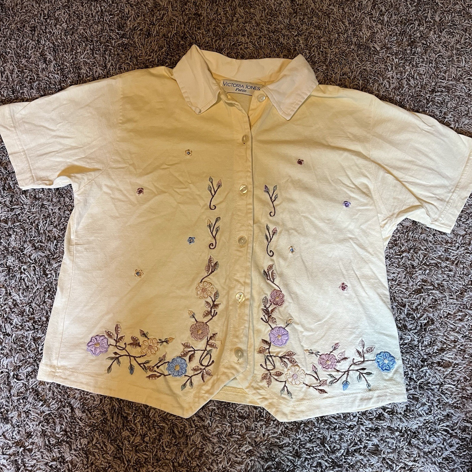 Vintage 80s 90s Victoria Jones Petite S Women’s Button Down Yellow Flowers