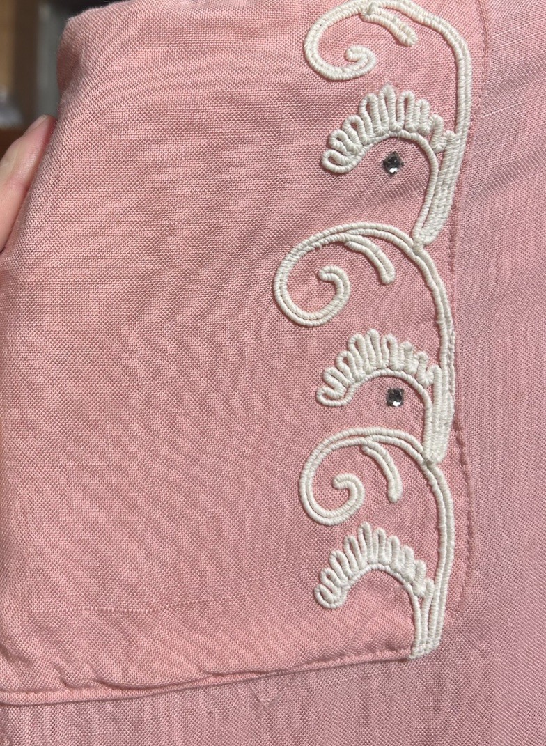 Vtg 1940s Pink Pinafore Dress Rayon Linen Novelty Soutache Pockets Metal Zip 32W