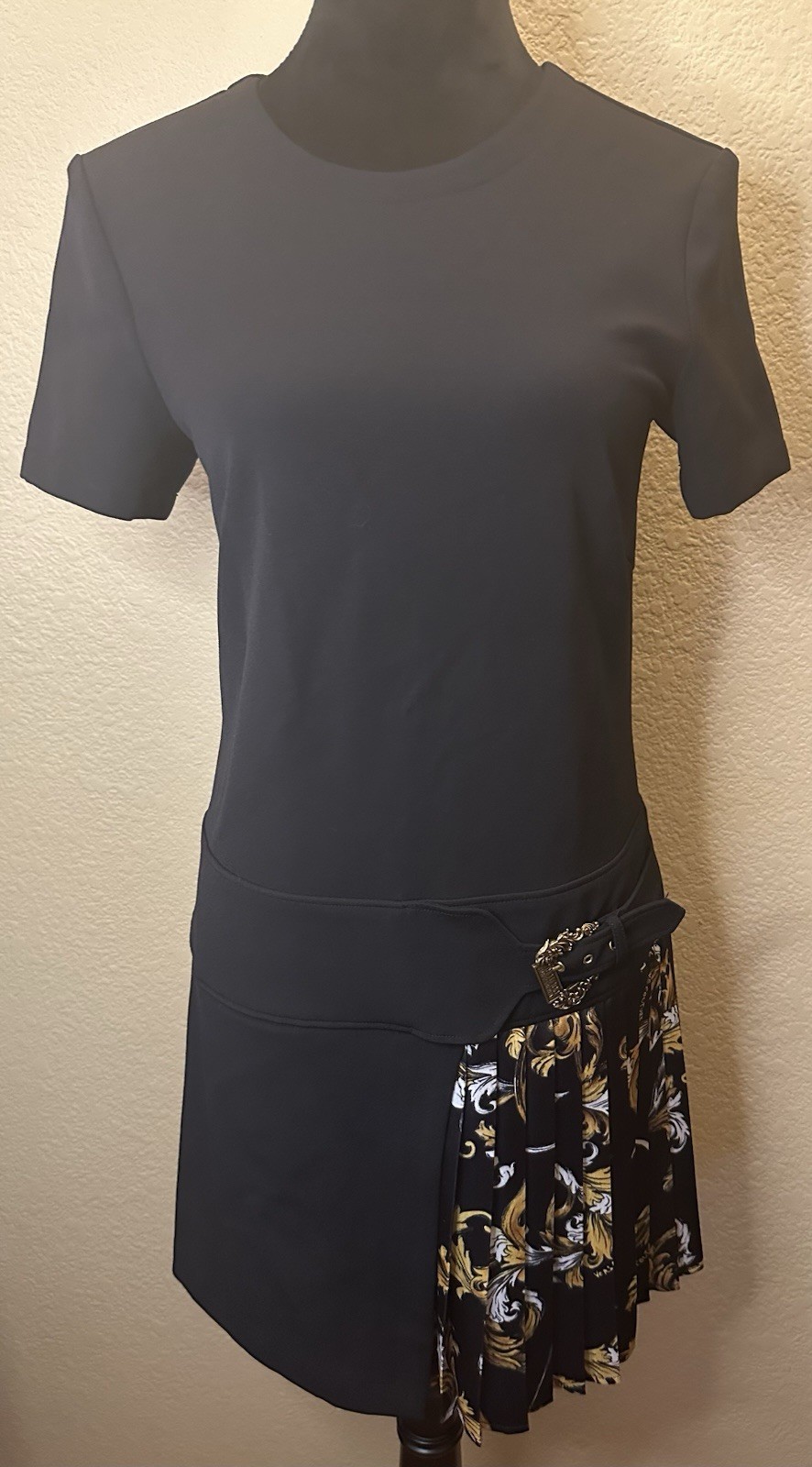 Black Asymmetrical Skirt with Floral Pleated Panel and Buckle Accent