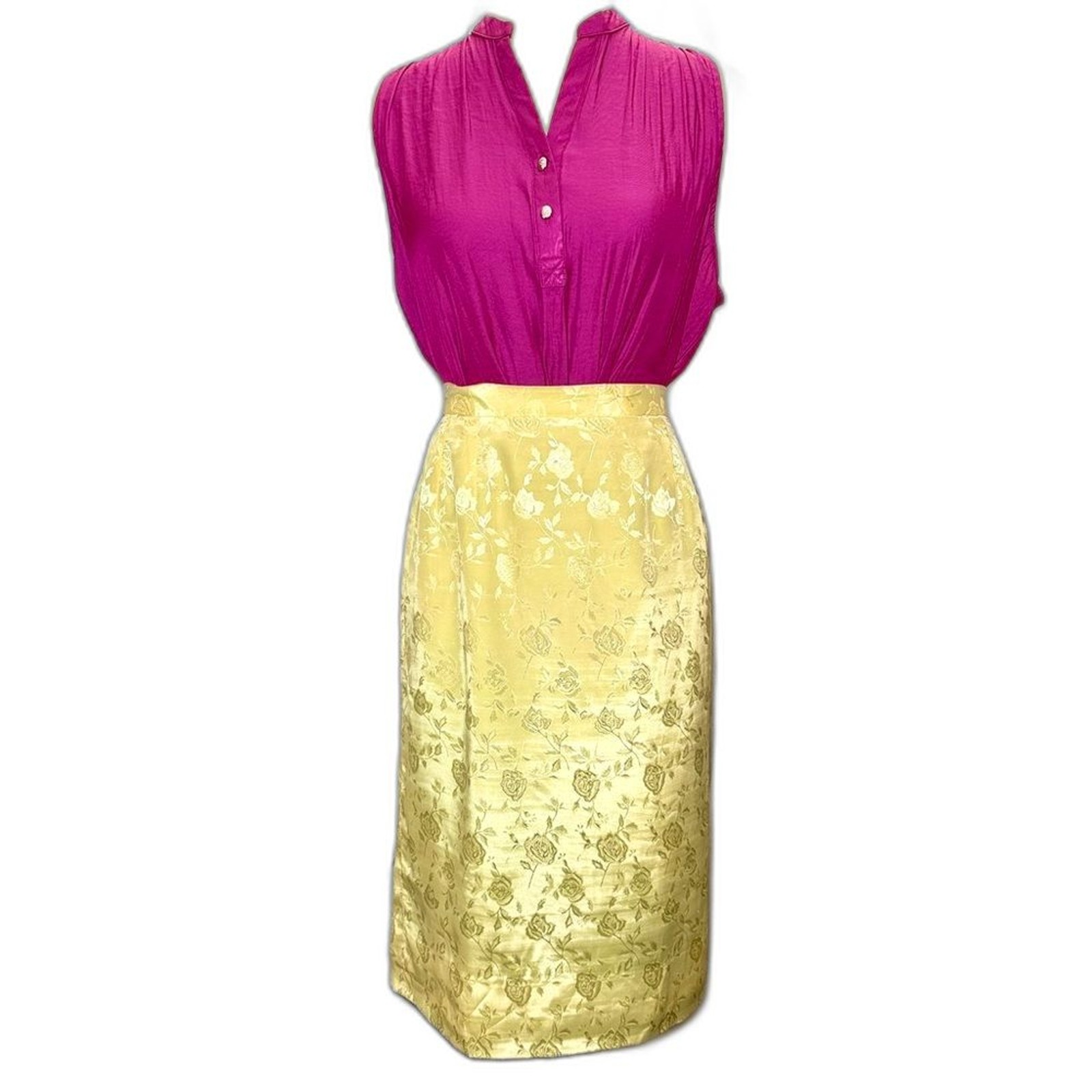 True Vintage 50s 60s Mid Century Jacquard Rose Satin Pencil Skirt Sz M 29″