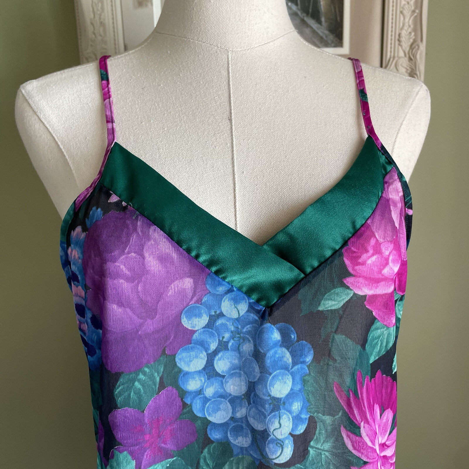 Vintage Feather Bed Intimates Sheer Floral Fruit Pattern Slip Lingerie Top