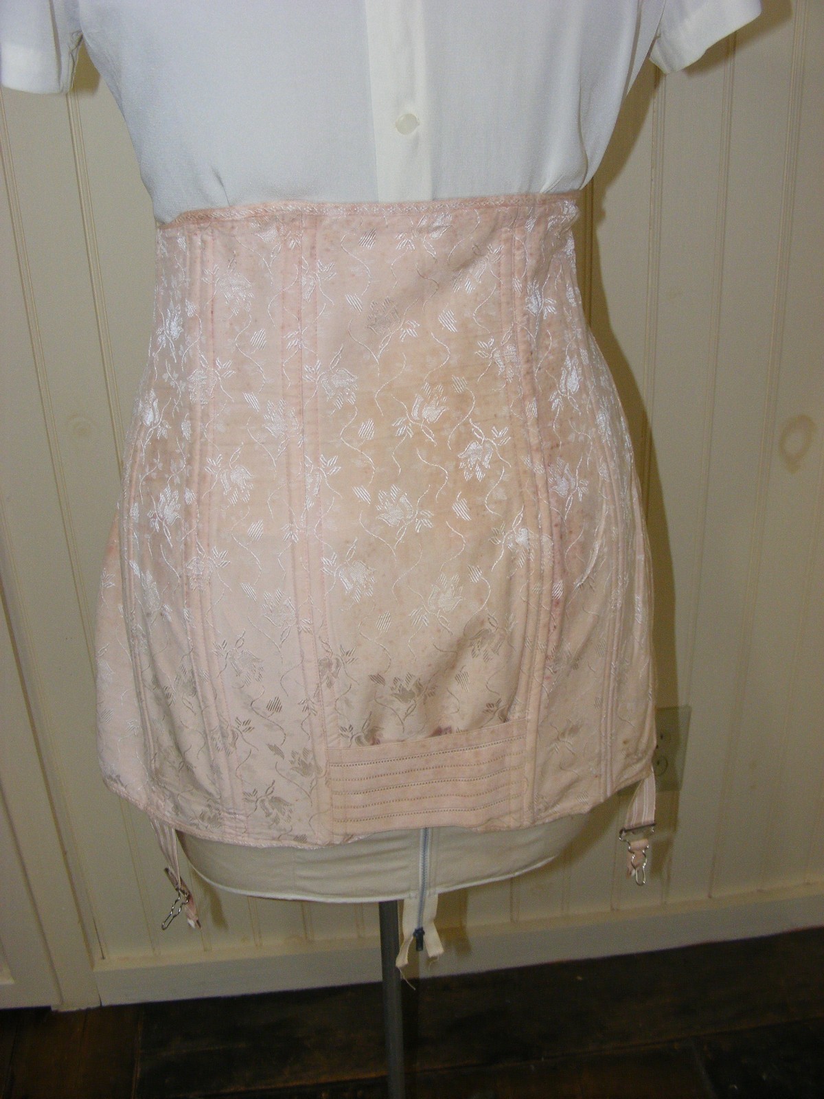 50s CHARMODE COMFORT CORSET PEACH DAMASK TIE FRONT COTTON RAYON VINTAGE CORSET L