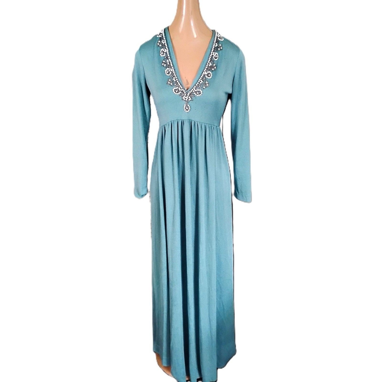 Vintage 1970s Union Made Maxi Dress, Beaded Neckline, Size Small