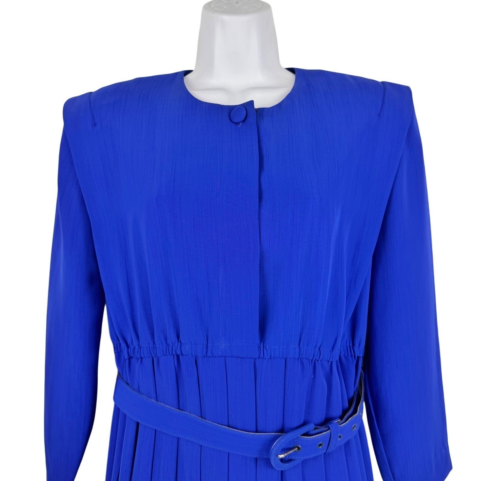 Leslie Fay Pleated Dress Women 12P Blue Vintage 80s Belted Midi Career