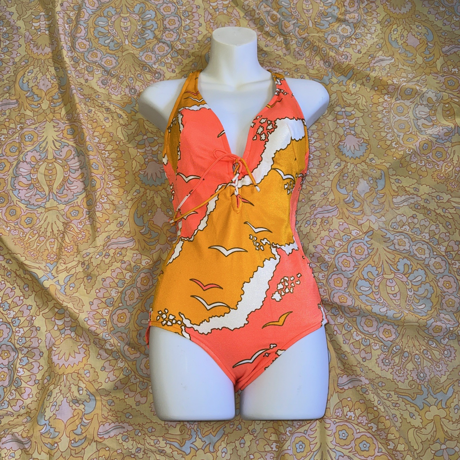 Vintage 60’s Orange And White Swimsuit With Torpedo Bra Top Size 12