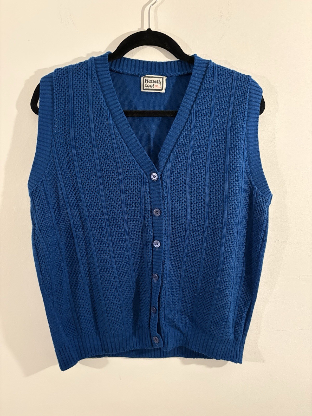 Vintage 1970s Kenneth Too! Blue Knit Sweater, Button Down, Size S/M