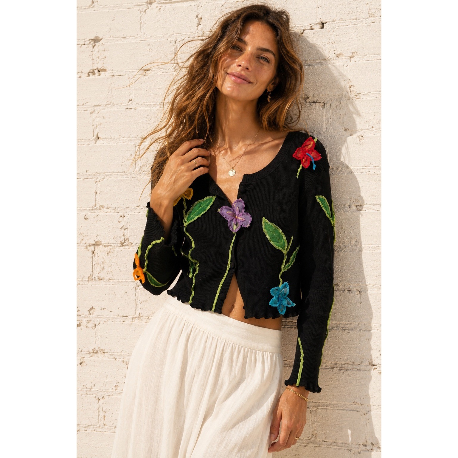 Vintage Maureen Keene Black Cotton Silk Floral 3D Applique Crop Cardigan Small
