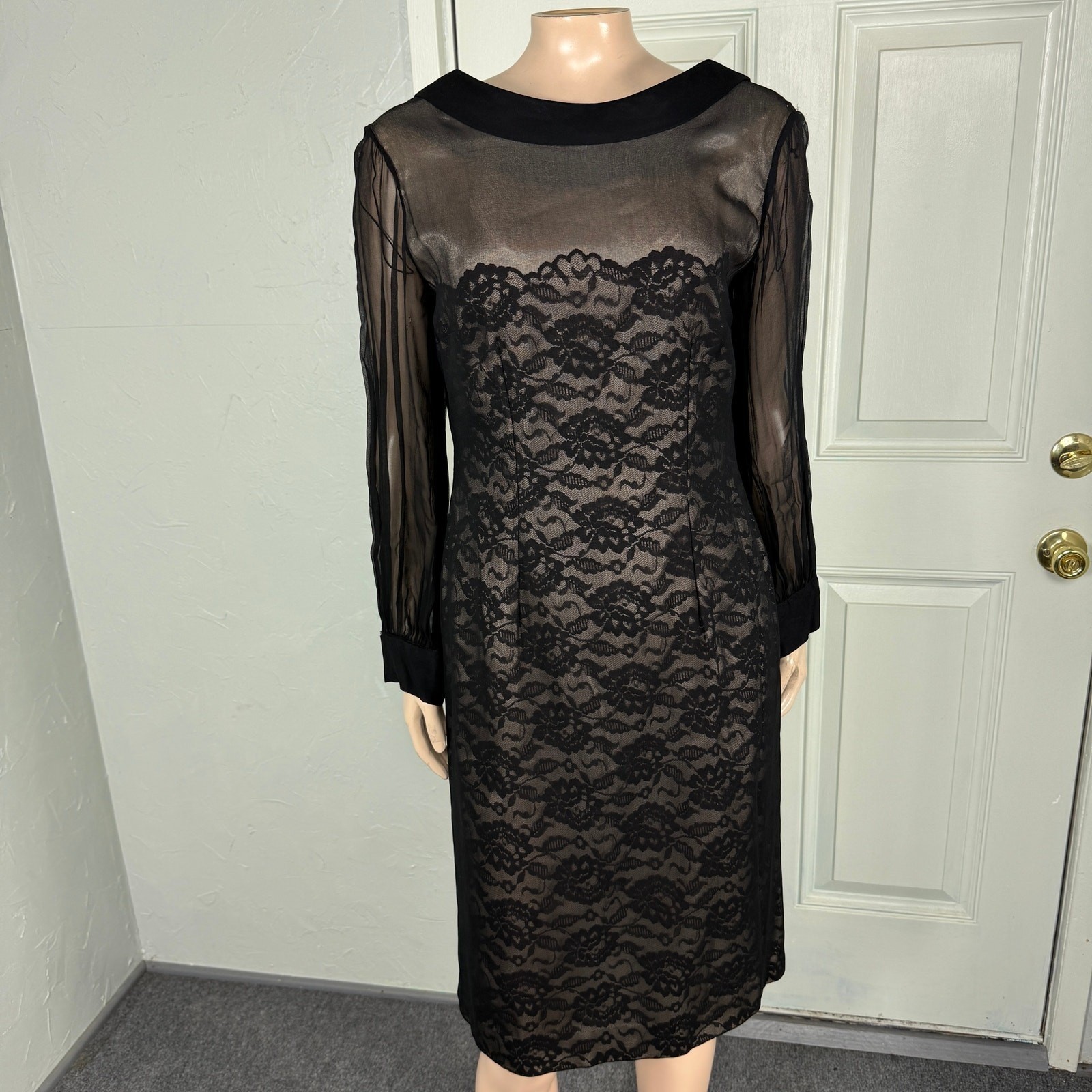 Vintage 50s 60s Women’s Dress Lace Floral Party Formal Evening Long Sleeve J26