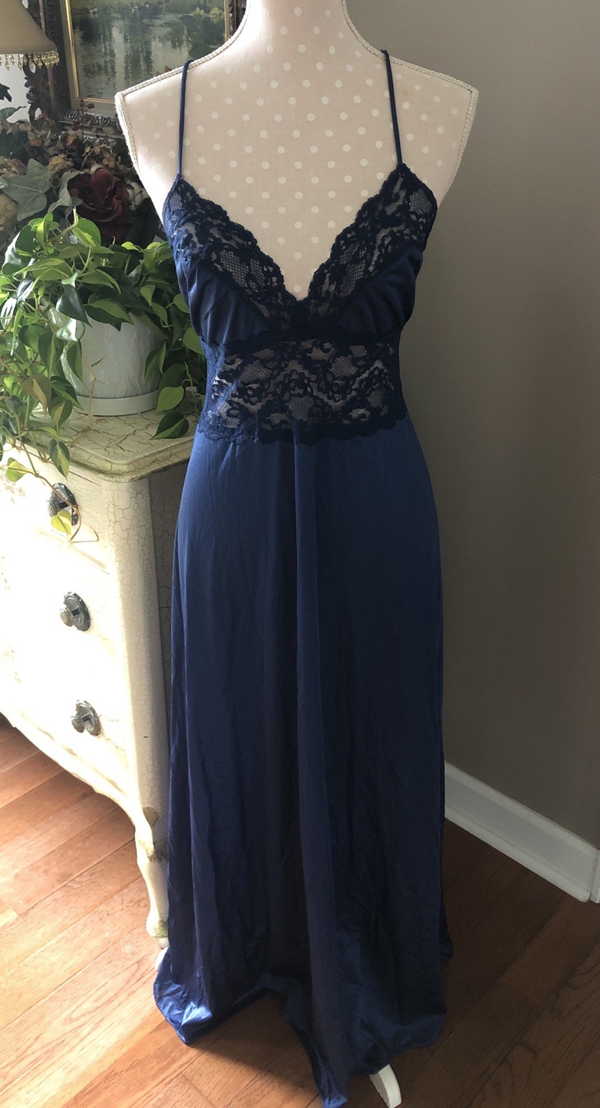 Vtg Maidenform Dreamwear Olga Like Peignoir Nightgown Robe Set Navy Blue Women L