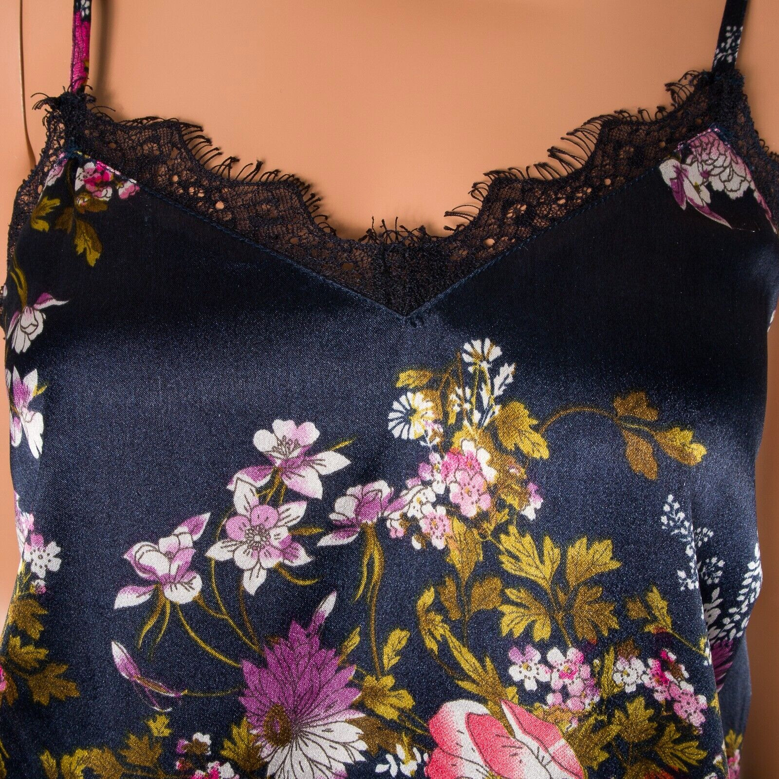 💖JAPNA Tank Top Cami Dark Blue Floral Silky Satin Adjustable Strap Lace Trim S