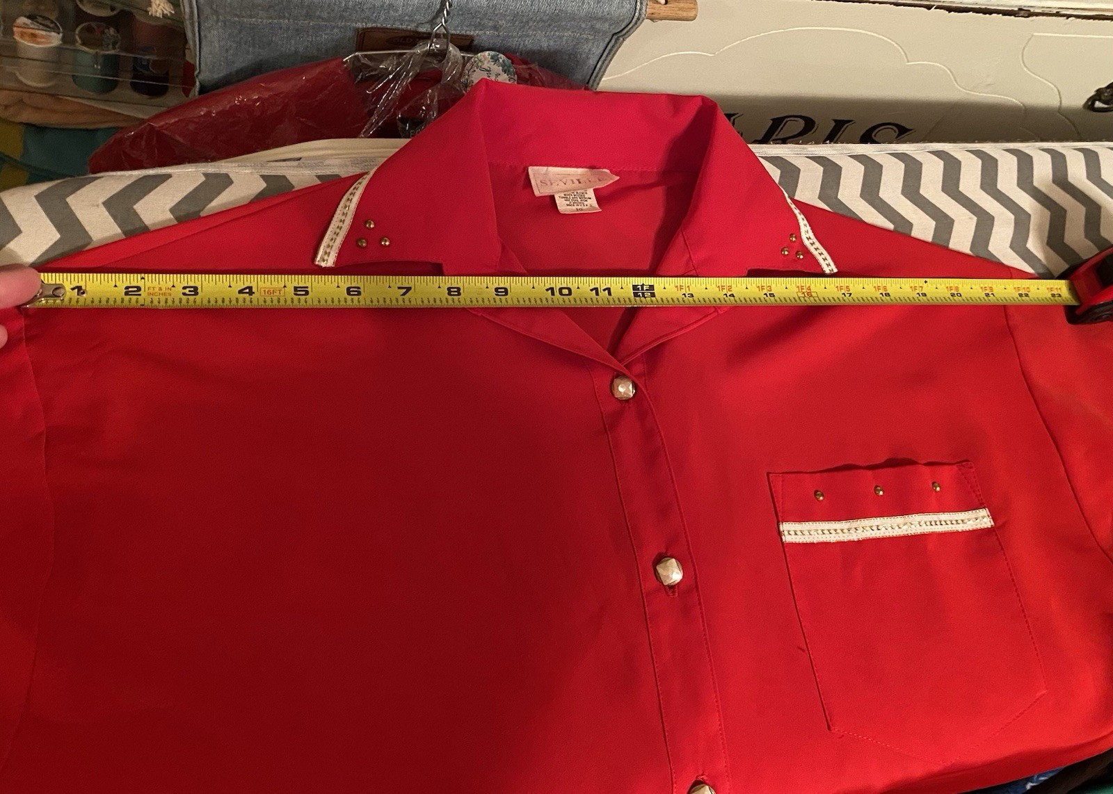 Seville VTG 80s Wom 10 Red Satin Blouse Beaded w/Trims 3/4 Cuff Sleeves GORGEOUS
