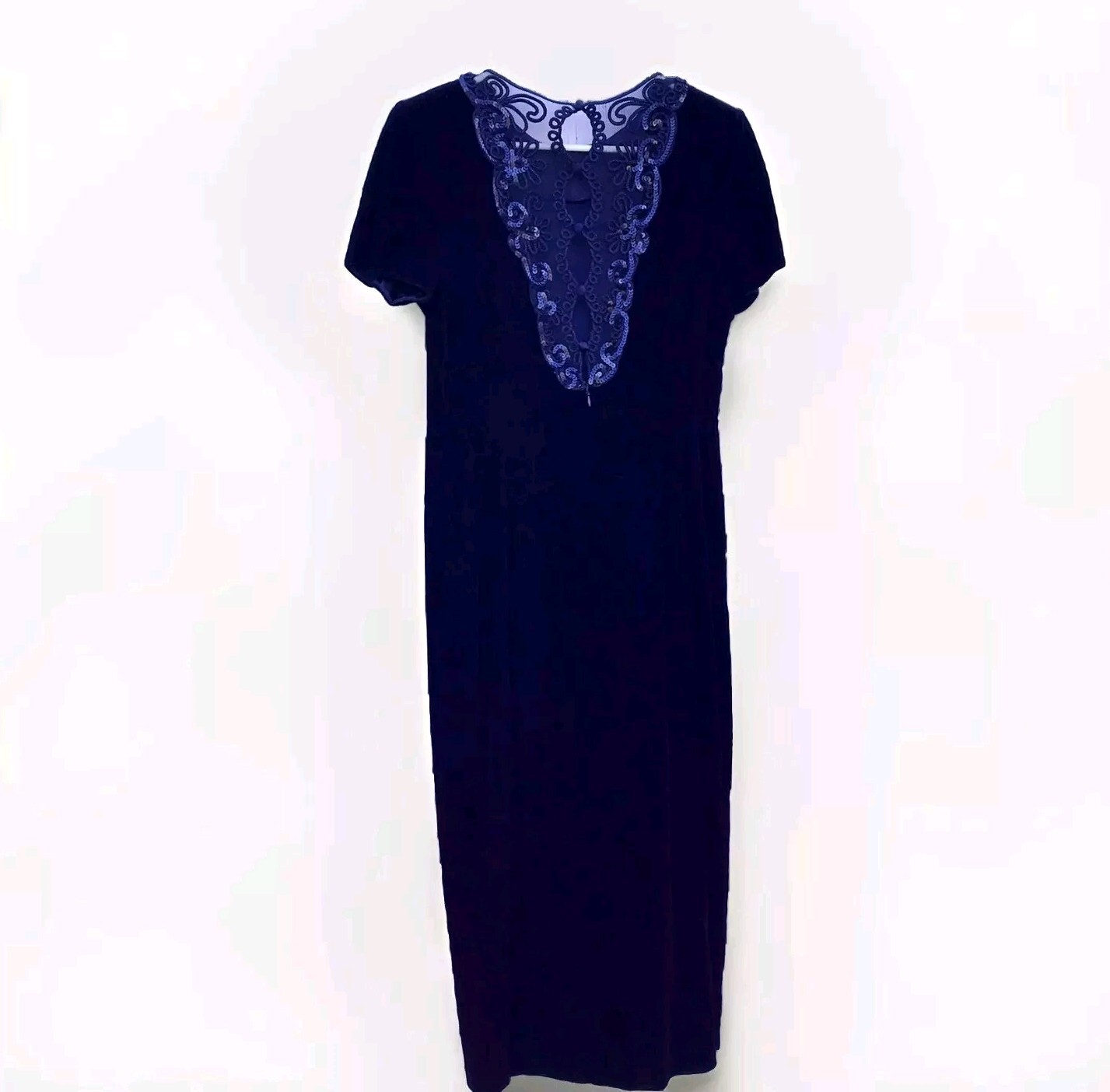 MAGGY LONDON 8 10 Purple VELVET DRESS Mesh Lace Back Vtg 80 90s Vamp Goth Prom
