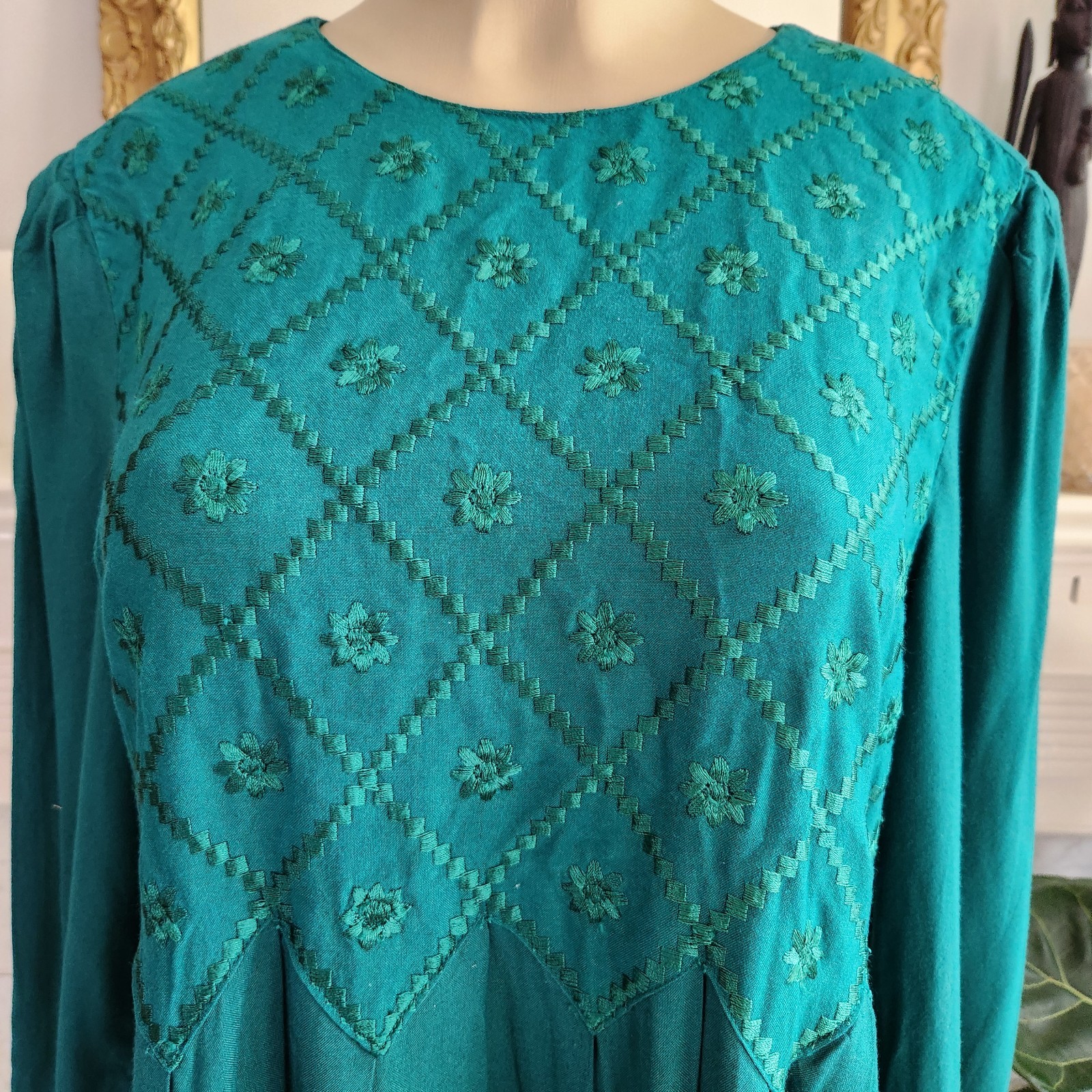 Vintage 90s Green Maxi Dress Sz 12 Boho Floral Embroidered Modest Edwardian