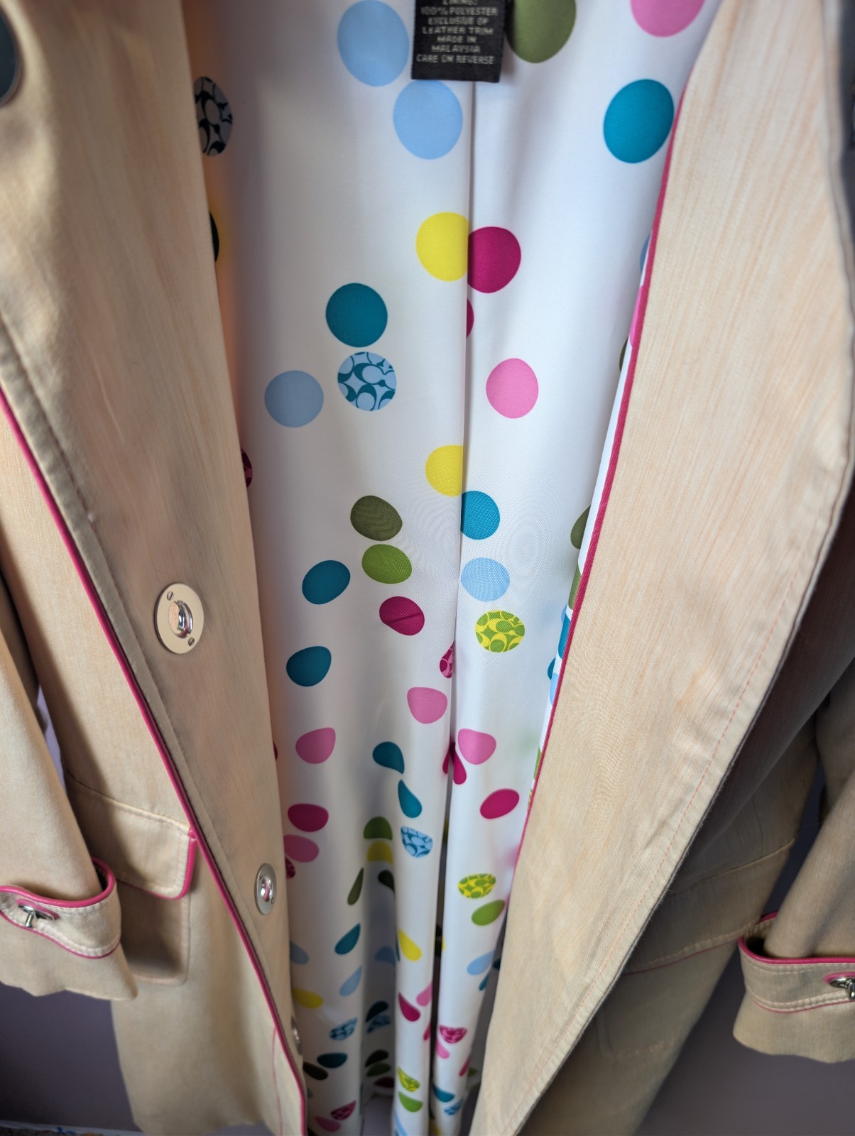 Coach Trench Coat Size 6 Tan Cotton Legacy Polka Dot Multi Lining Pink Trim READ