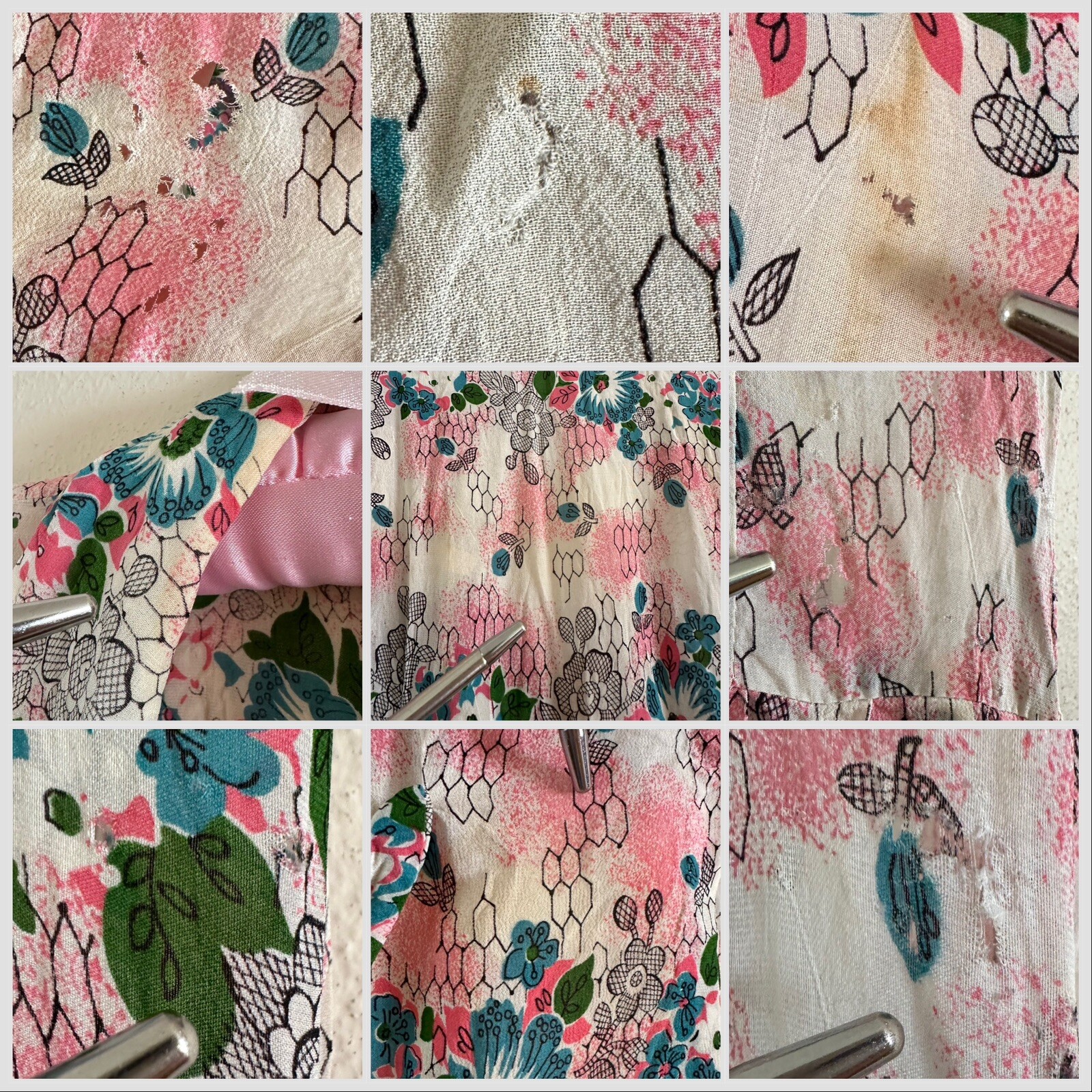 Vintage 1940s Floral Crepe Day Dress Big Collar Novelty Print Pink Blue Small