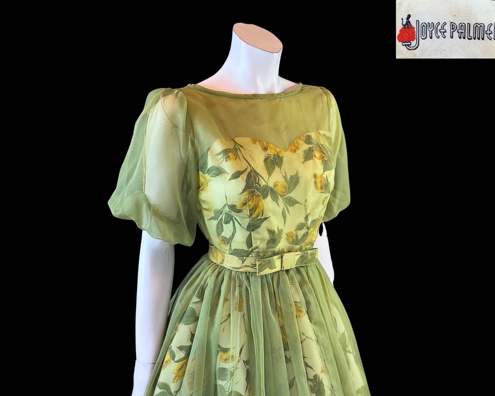 1950s Joyce Palmer Romantic Rose Floral Illusion Dress S