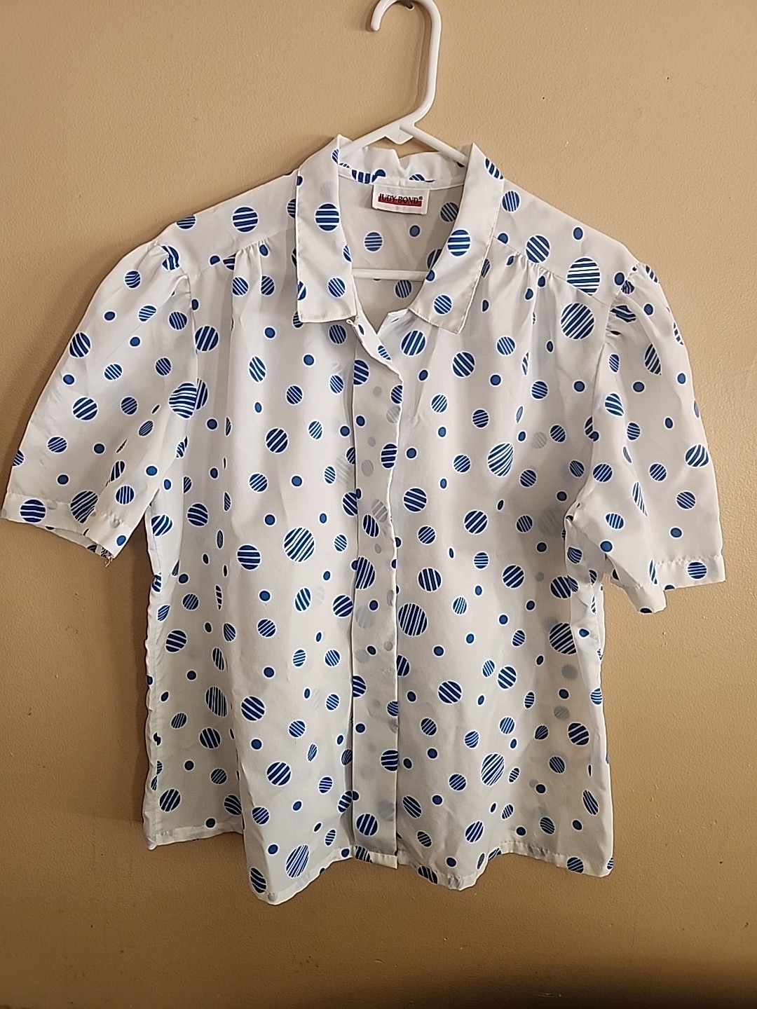 Vtg 70s Judy Bond Sheer Polka Dot Short Sleeve Blouse Dopamine Bright Button-Up