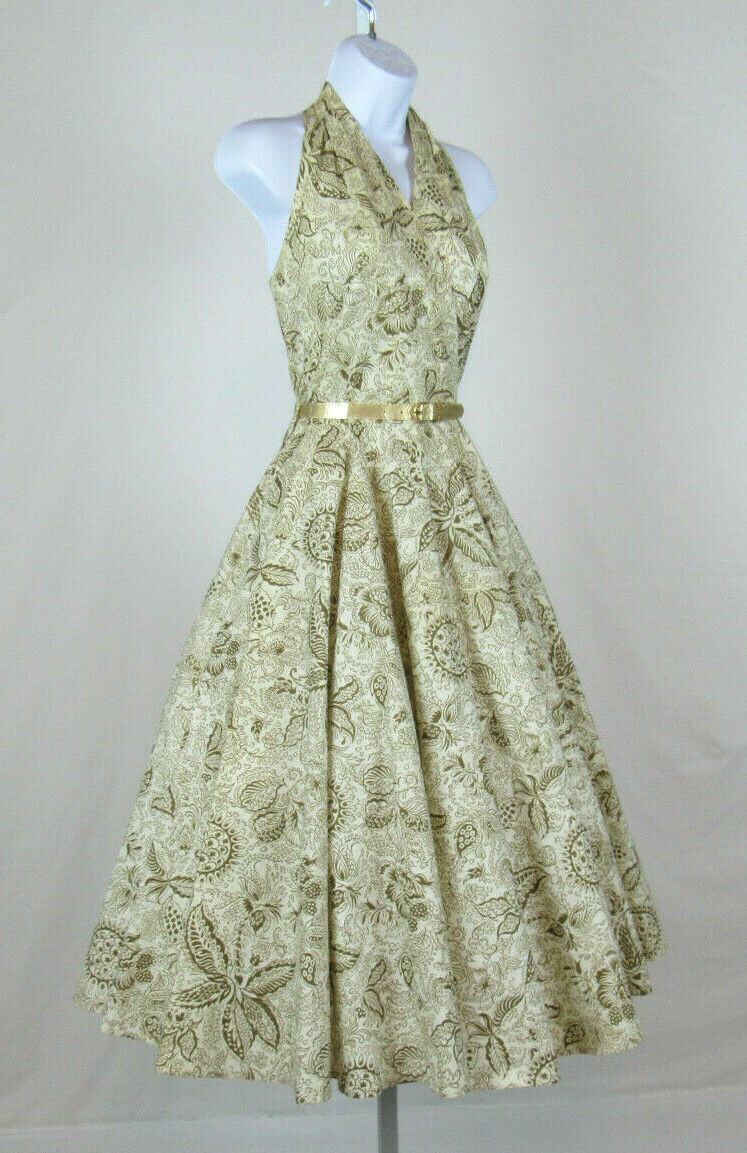 VTG 1950s 60s ADELE CALIFORNIA PAPER DRESS FLORAL PAISLEY DESIGNS GOLDEN BELT
