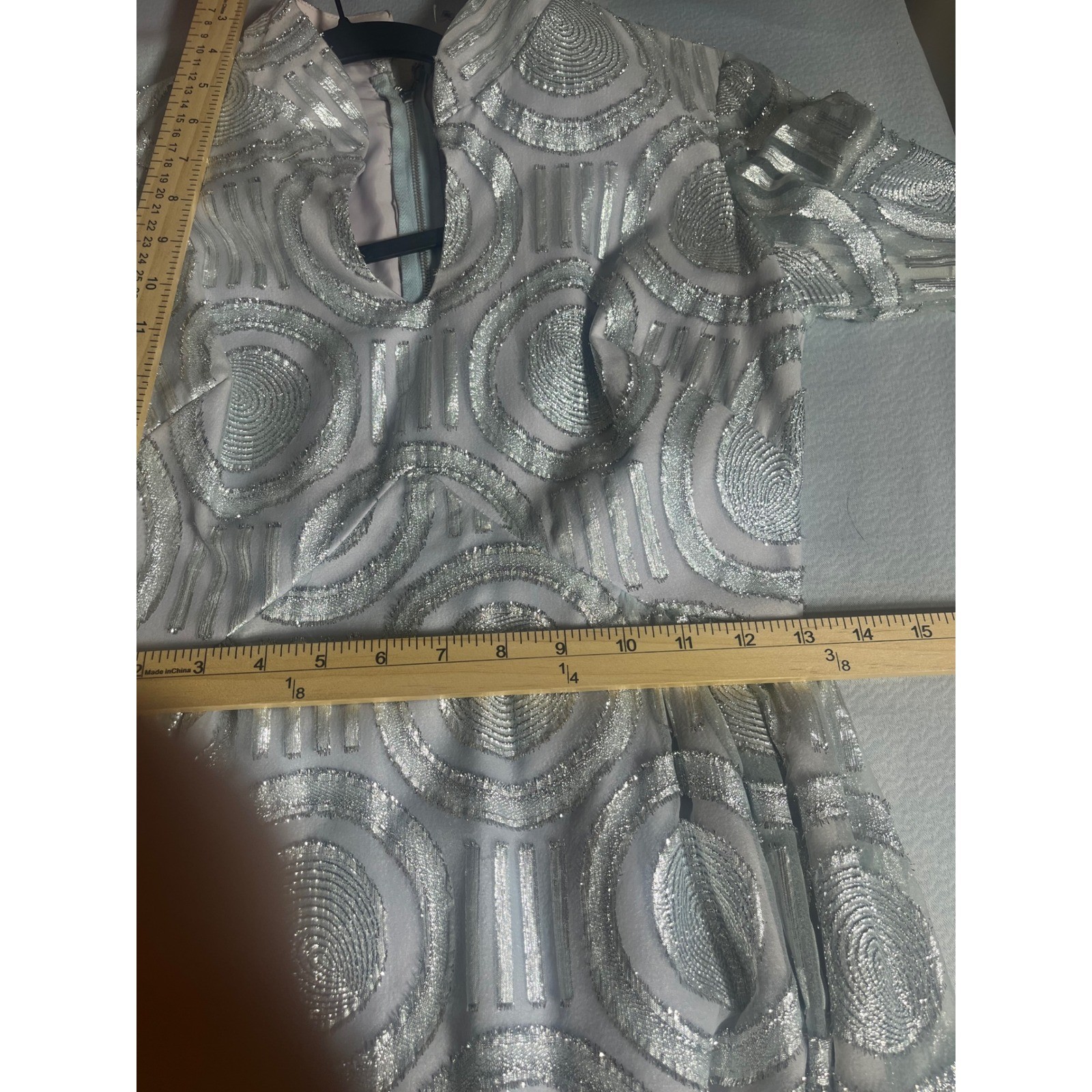Vintage Silver Metallic Geometric Circle Bell Sleeve Keyhole Dress Mod Retro