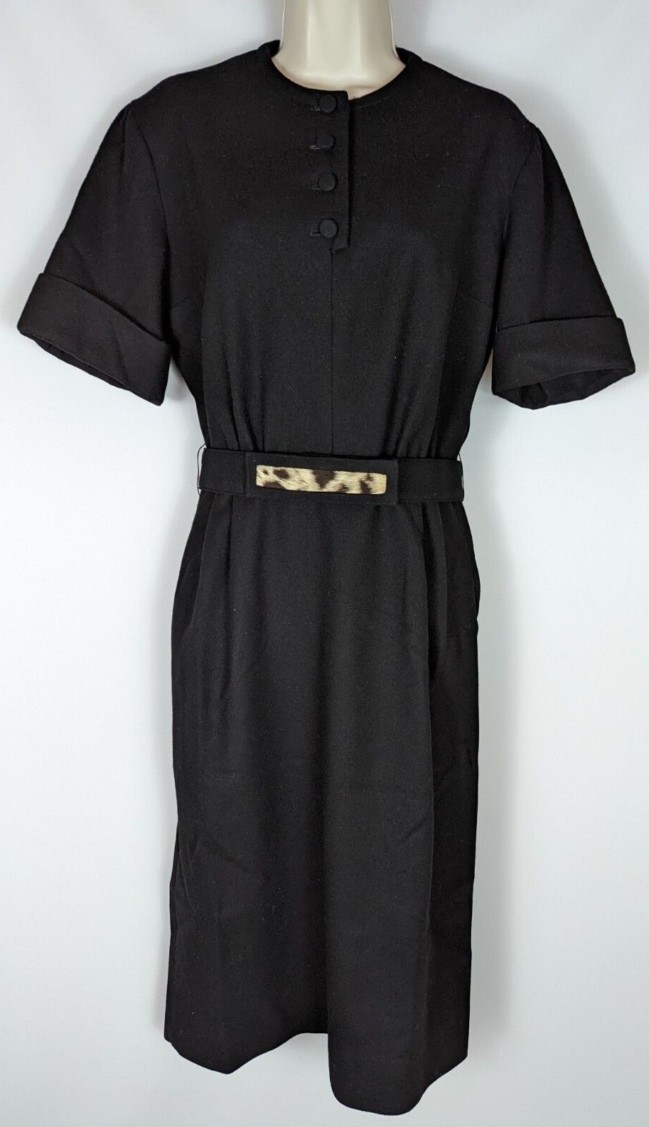 NANCY GREER NEW YORK VTG 70s Black Wool Belted Sheath Dress MED