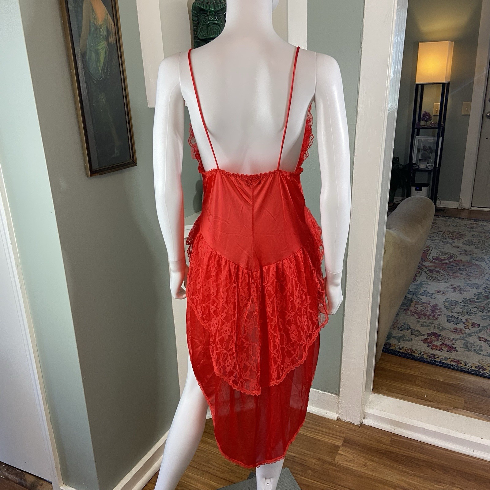 Vintage 80s Stroke of Midnight Sheer Lace Nylon High-Low Negligee Lingerie Large