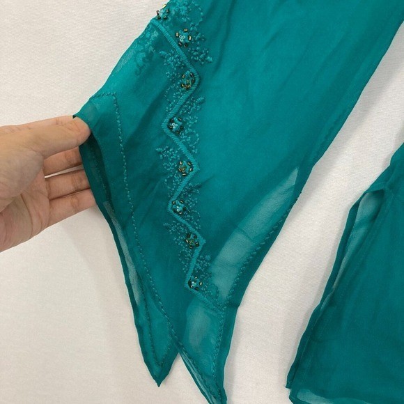 Vintage Silk Land Size Small Teal Embroidered Beaded Flare Sleeve Fairy Blouse