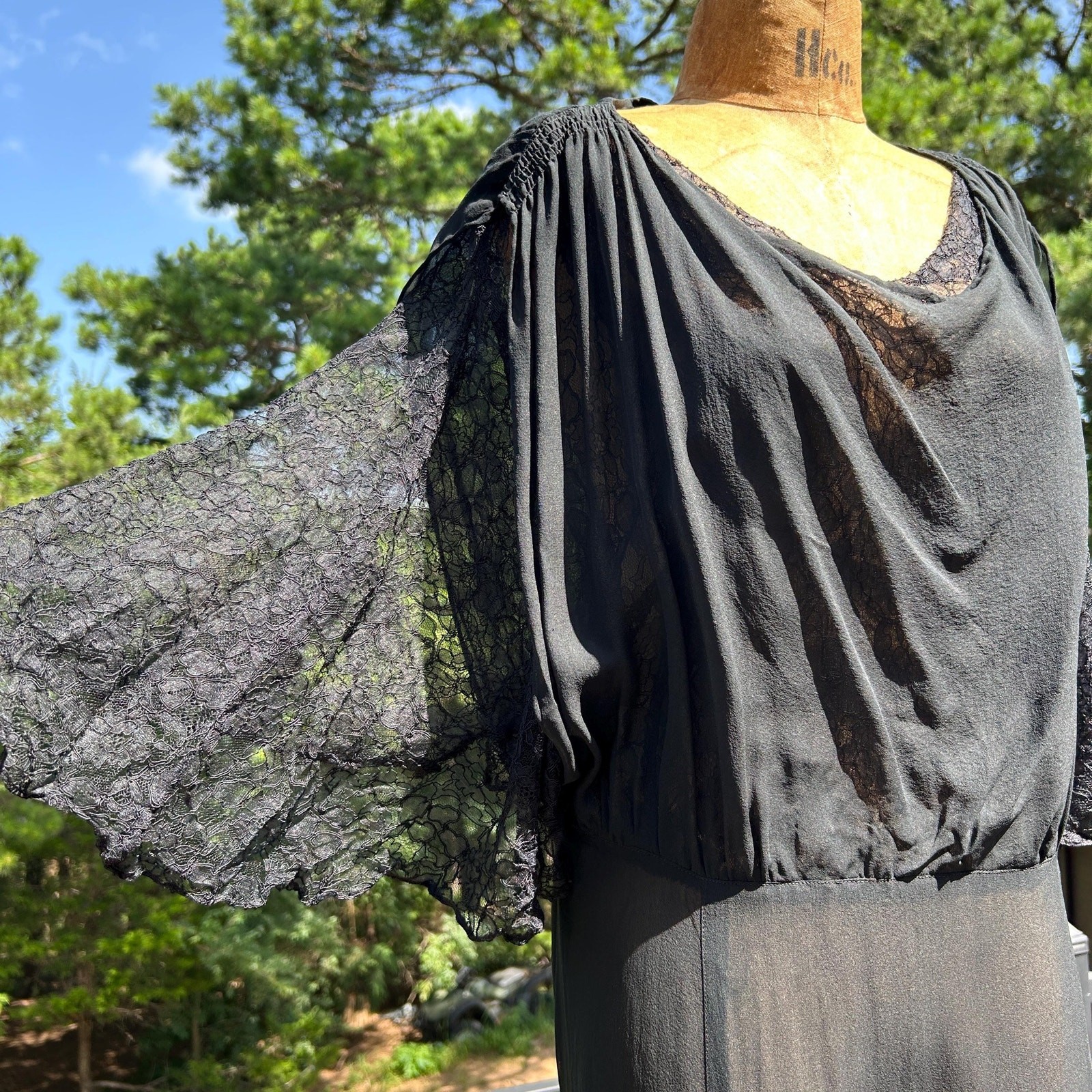 Vintage 30s Black Sheer Silk Chiffon Chantilly Lace Shirred Draped Flowy Midi