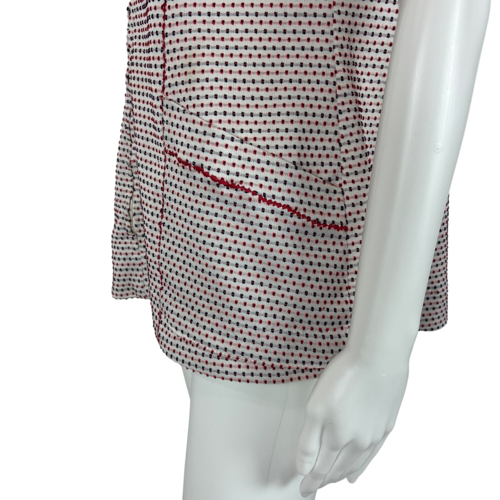 Vintage 70s Waitress Top Women’s Large Dotted Red Blue Textured Hip Pockets Zip