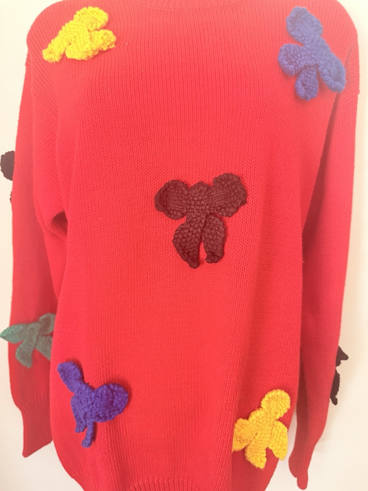 I.B. Diffusion Red Knit Sweater Floral Applique Boho Pullover M Rainbow Bowties