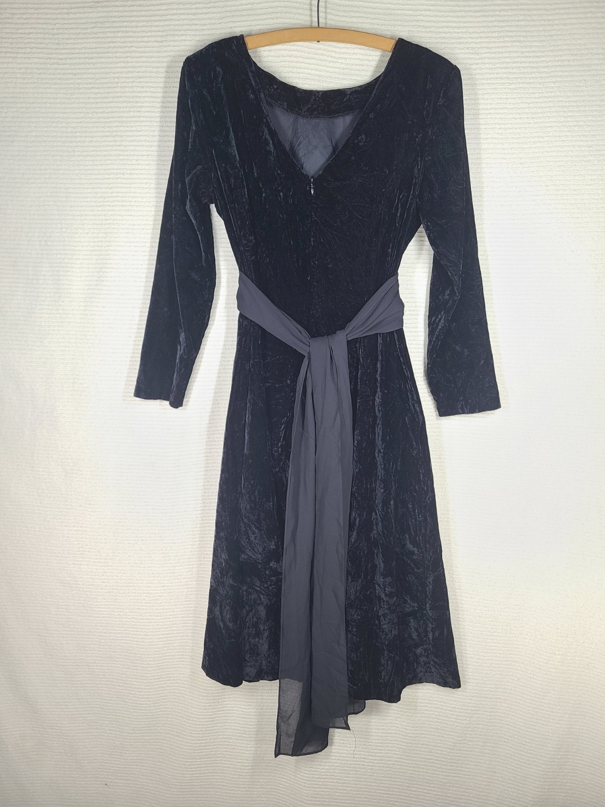 Vintage Black Velvet Dress Sheer Crepe Waist Belt Bow Velour Goth 6 Medium USA