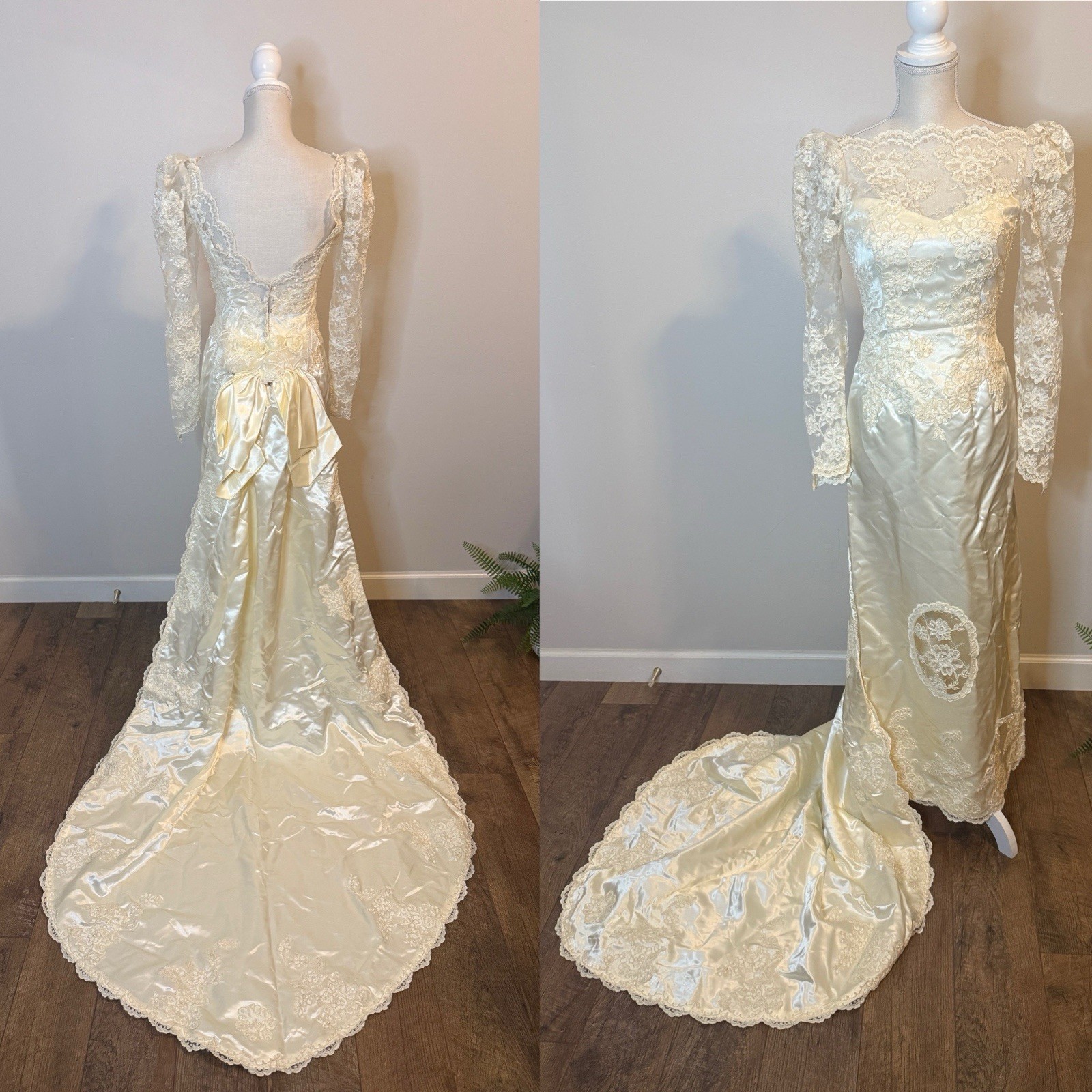 Gorgeous Vintage 90’s Ivory Lace Long Sleeve Wedding Dress Removable Train 2/4