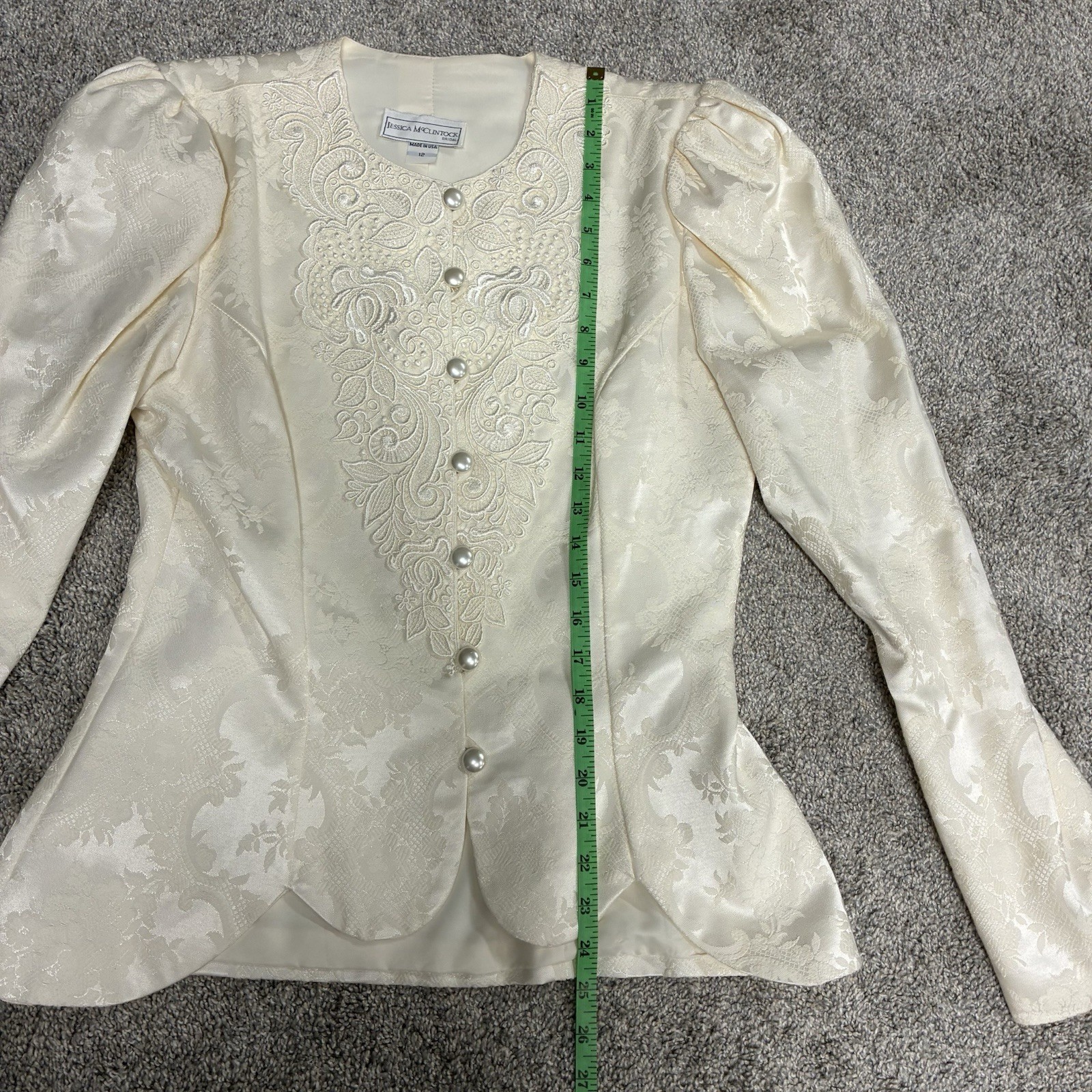 VTG Jessica McClintock Bridal Suit Sz 12 Ivory Peplum Jacket Jacquard Lace 80’s