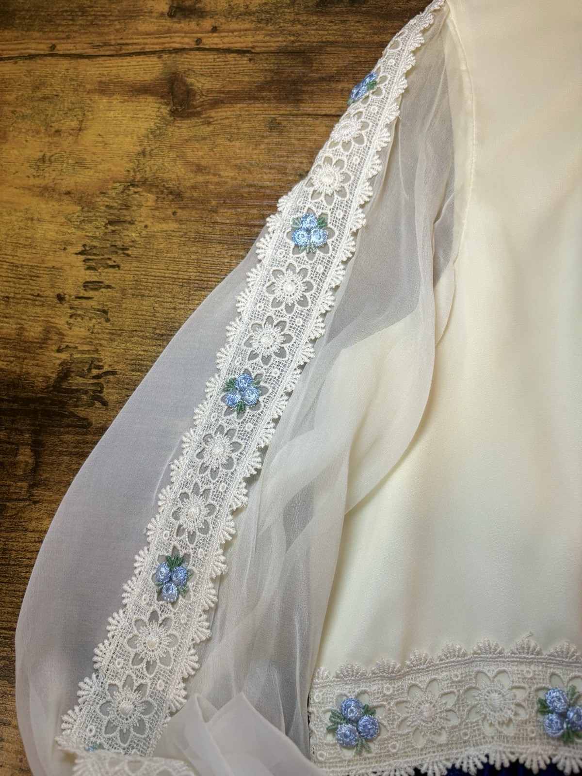 Vintage 1970s Blue Beige Chiffon Velvet Maxi Dress Lace Bodice Sz Medium?