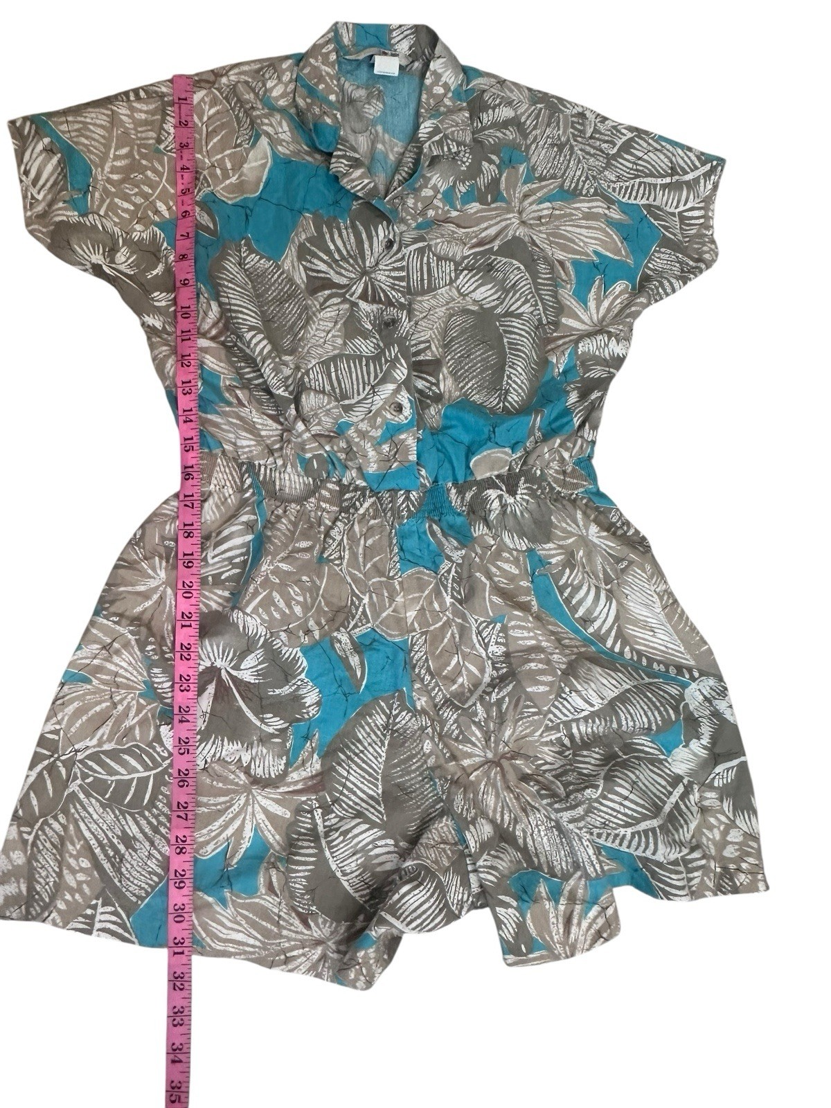 VTG French Navy 80s Floral Romper Elastic Waist Tropical Cottagecore Resort S/M