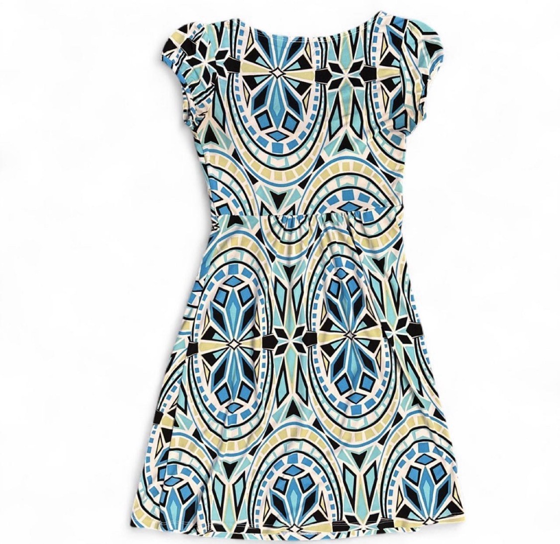 Ally B. Fit & Flare Geometric Dress Blue/White/Black/Green/Gray Scoop Neck S
