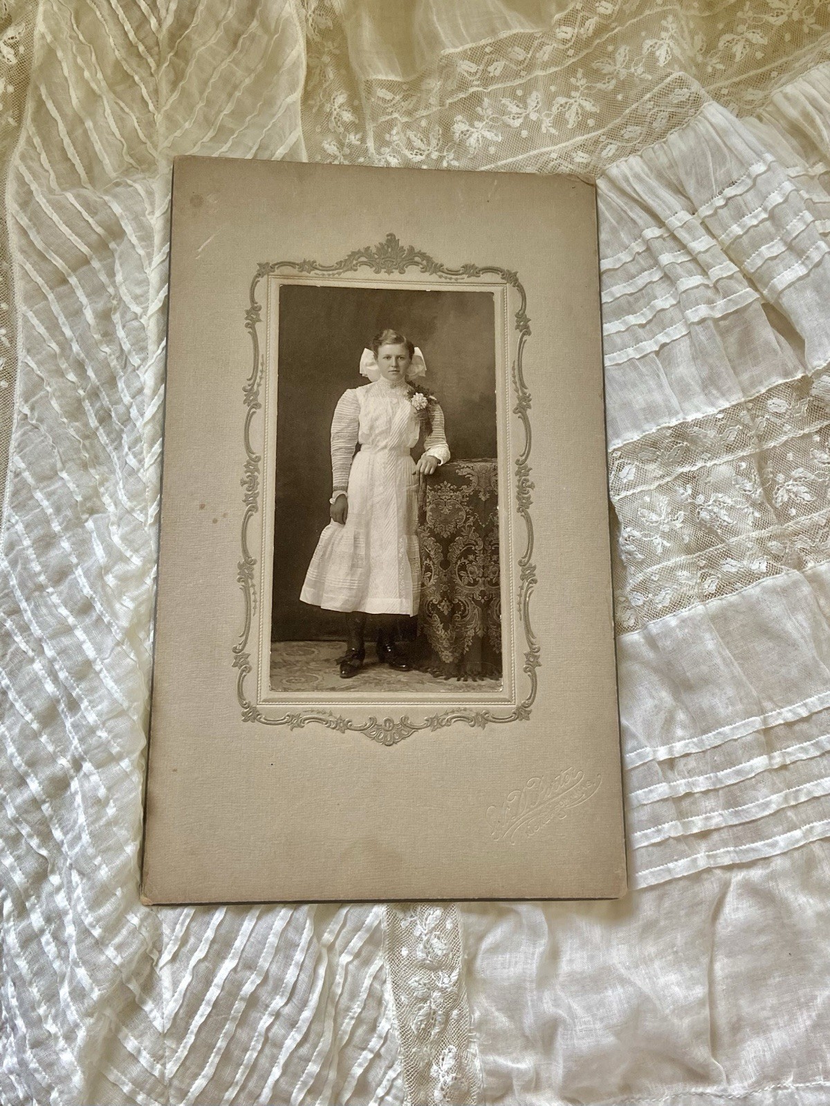 1907 Antique Embroidered Edwardian Era White Muslin Lace Dress “Hazel Slifir” 13