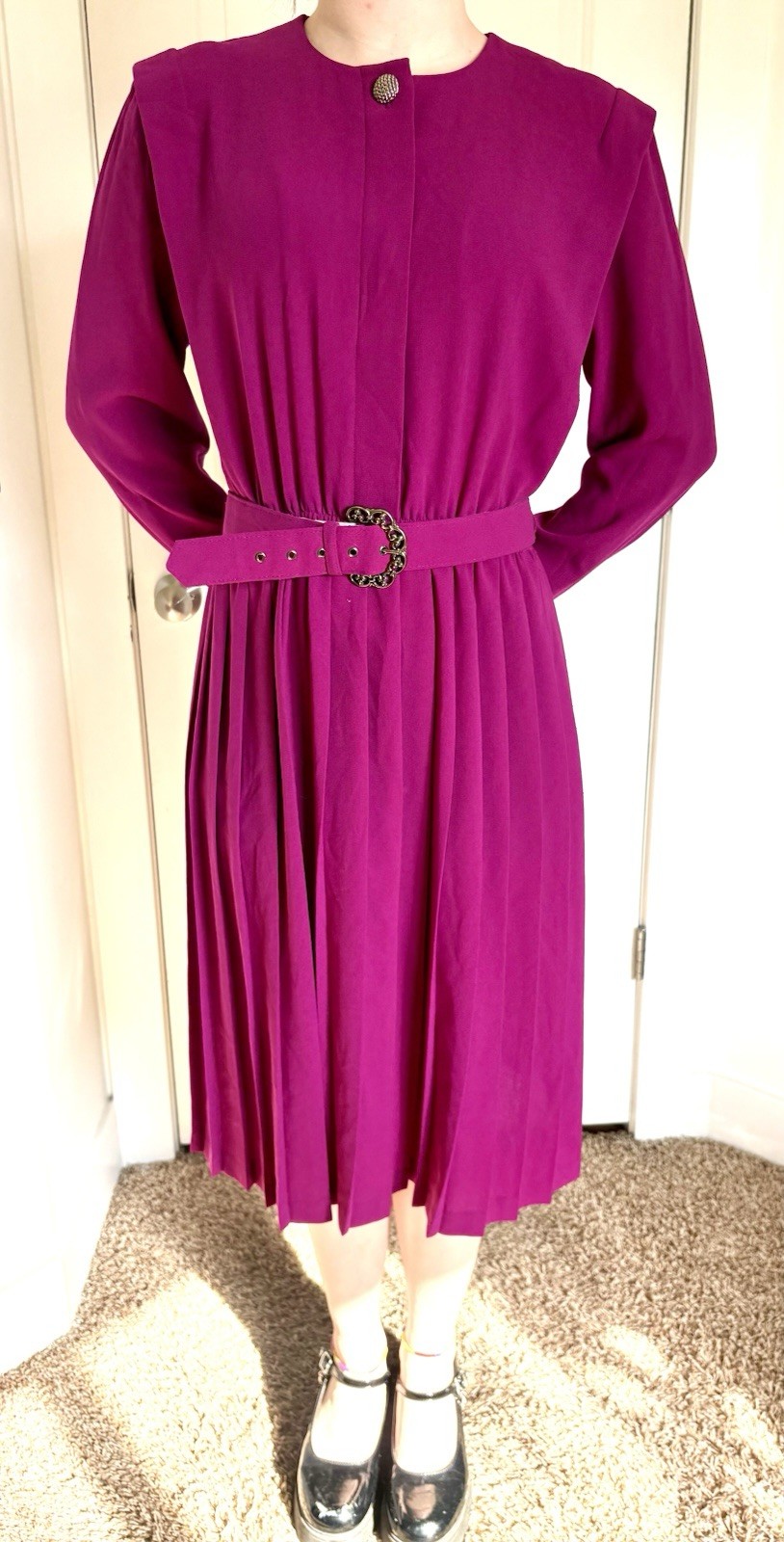 Vintage Women’s Berry Pink Dress Pleat Skirt Leslie Fay 10P With Belt Valentines
