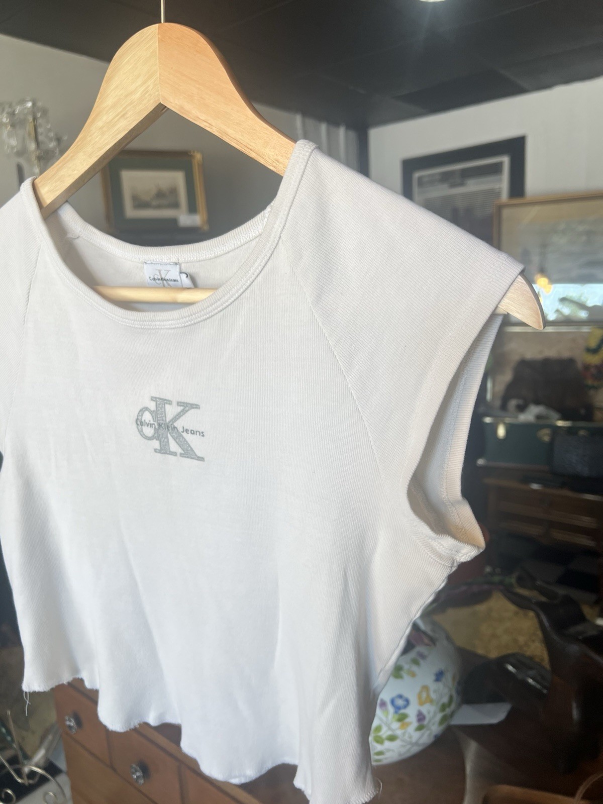 Vintage Y2K 90s Calvin Klein Logo CK Baby Tee White Silver Crop Top Large