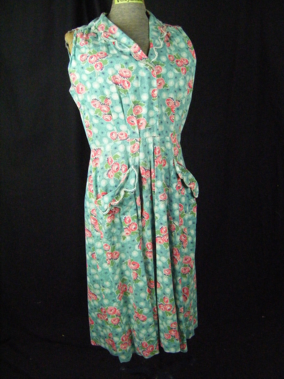 Vtg 50s Handmade Blue Pink Floral Cotton House Dress-Bust 43/M