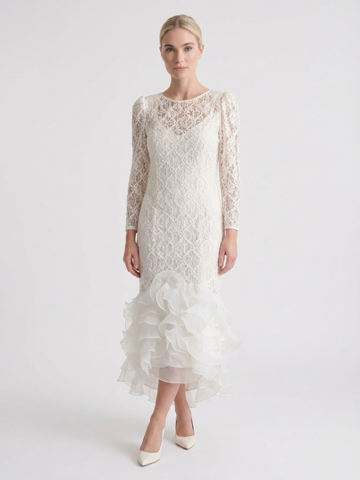 Vintage LILLIE RUBIN SIZE 6 IVORY STRETCH LACE DRESS RUFFLE HEM
