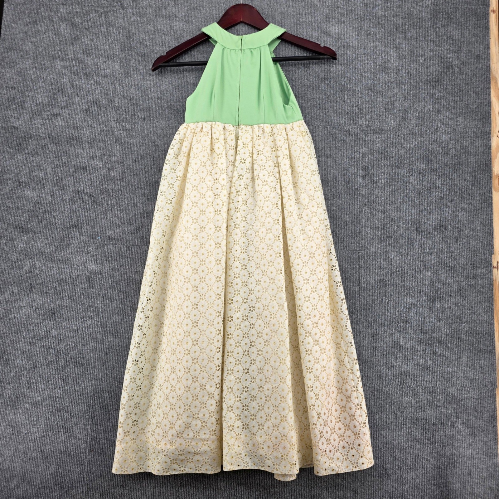 Vintage Mint Green and Cream Eyelet Lace Halter Maxi Dress with Matching Bag